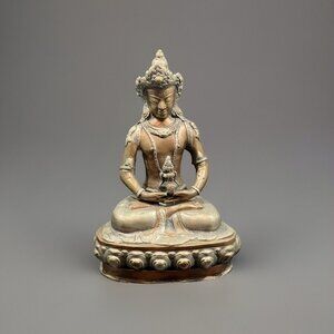Antique Amitayus Bronze Gilded Buddha Sculptures Giver of a Long Life 7" x 5"